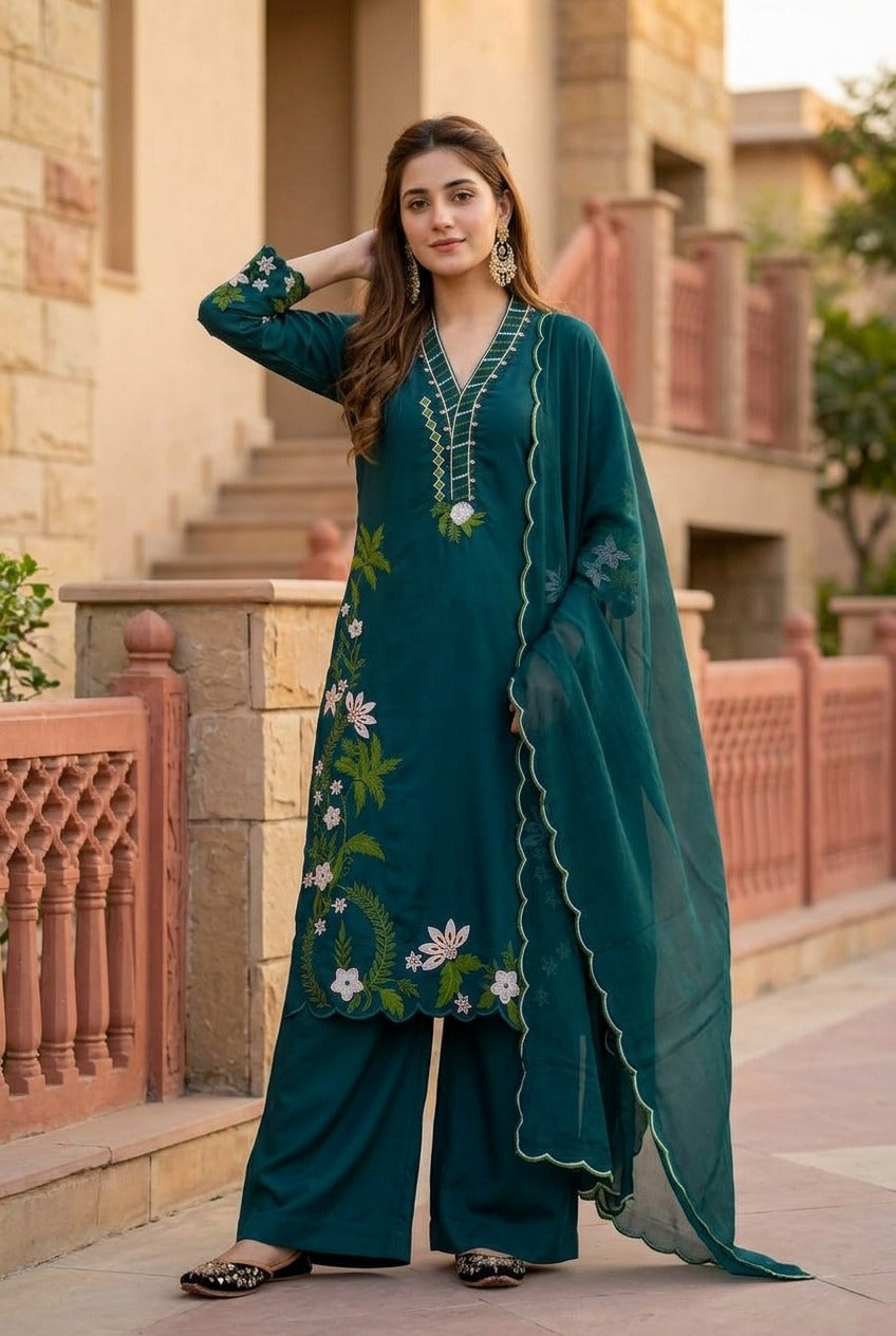 Designer Heavy Faux Georgette Pakistani Suit Set – Embroidered 3 Piece Salwar Suit
