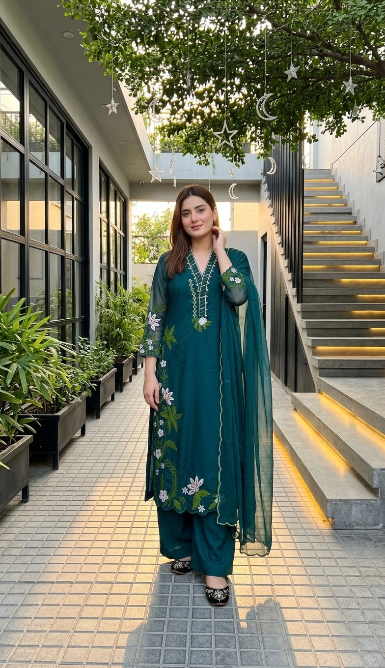Designer Heavy Faux Georgette Pakistani Suit Set – Embroidered 3 Piece Salwar Suit