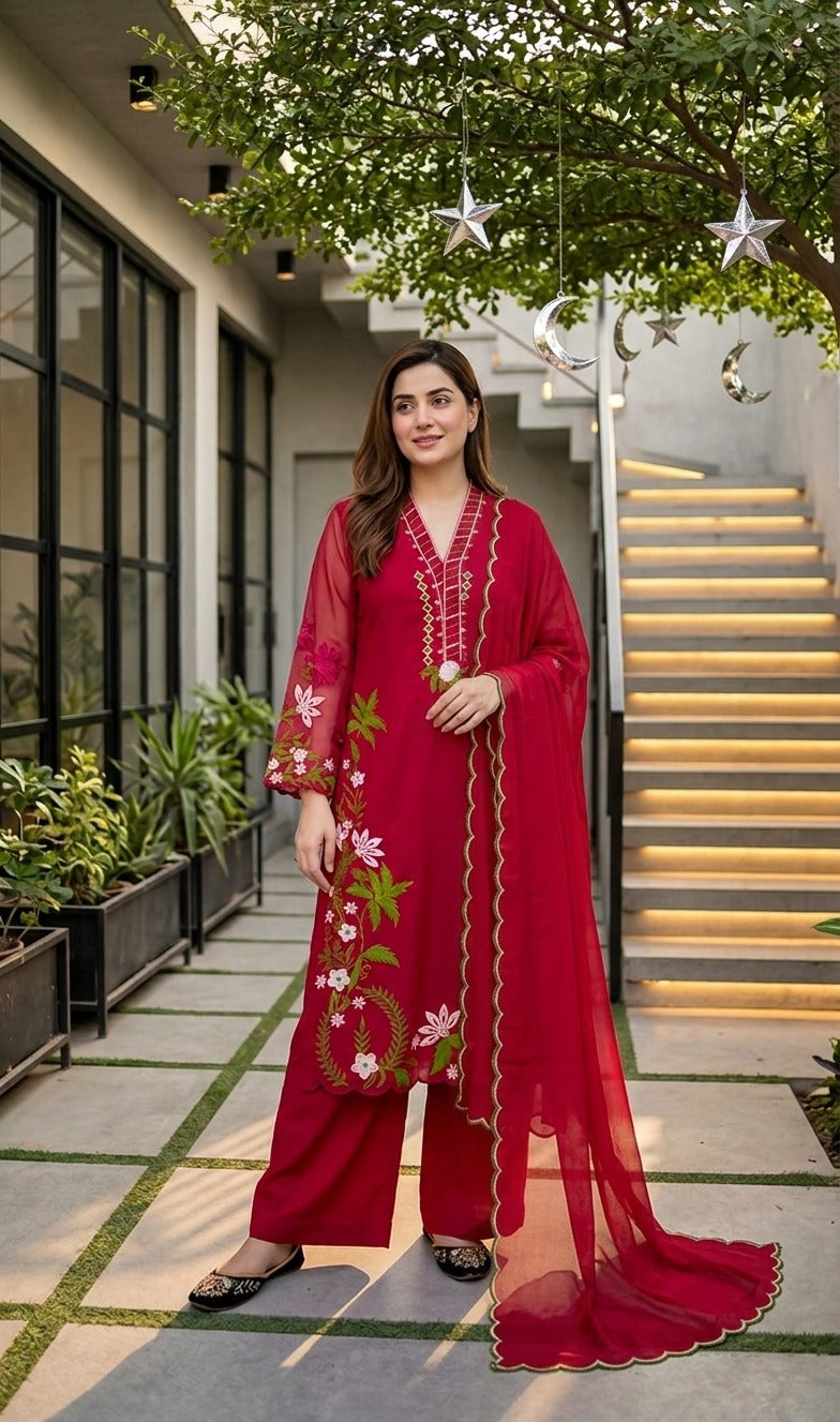 Designer Heavy Faux Georgette Pakistani Suit Set – Embroidered 3 Piece Salwar Suit