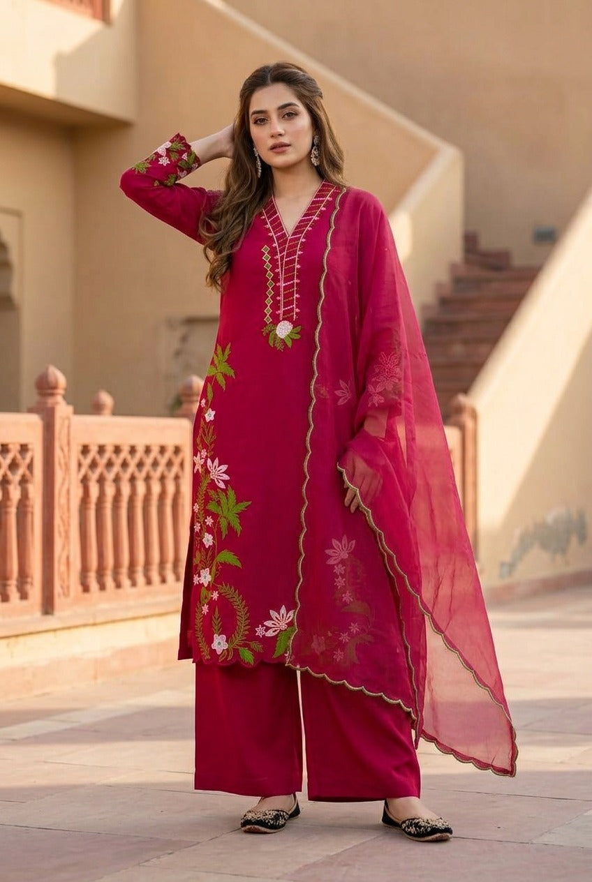 Designer Heavy Faux Georgette Pakistani Suit Set – Embroidered 3 Piece Salwar Suit