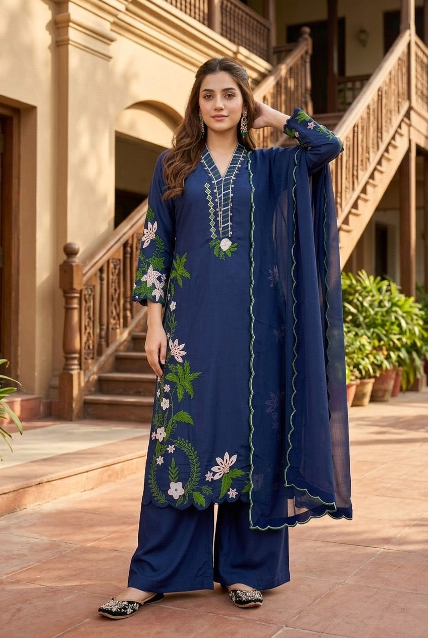 Designer Heavy Faux Georgette Pakistani Suit Set – Embroidered 3 Piece Salwar Suit