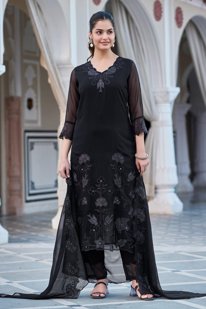 Black Embroidered Straight Kurta Pant Dupatta Set | Elegant Ethnic Wear