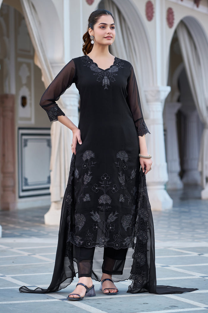 Black Embroidered Straight Kurta Pant Dupatta Set | Elegant Ethnic Wear