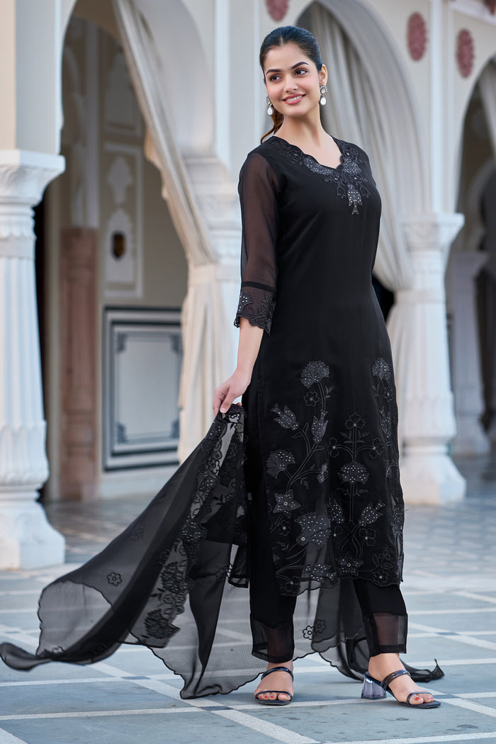 Black Embroidered Straight Kurta Pant Dupatta Set | Elegant Ethnic Wear