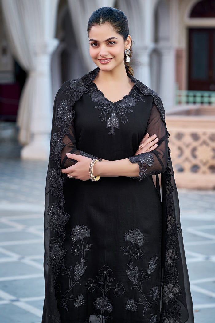 Black Embroidered Straight Kurta Pant Dupatta Set | Elegant Ethnic Wear