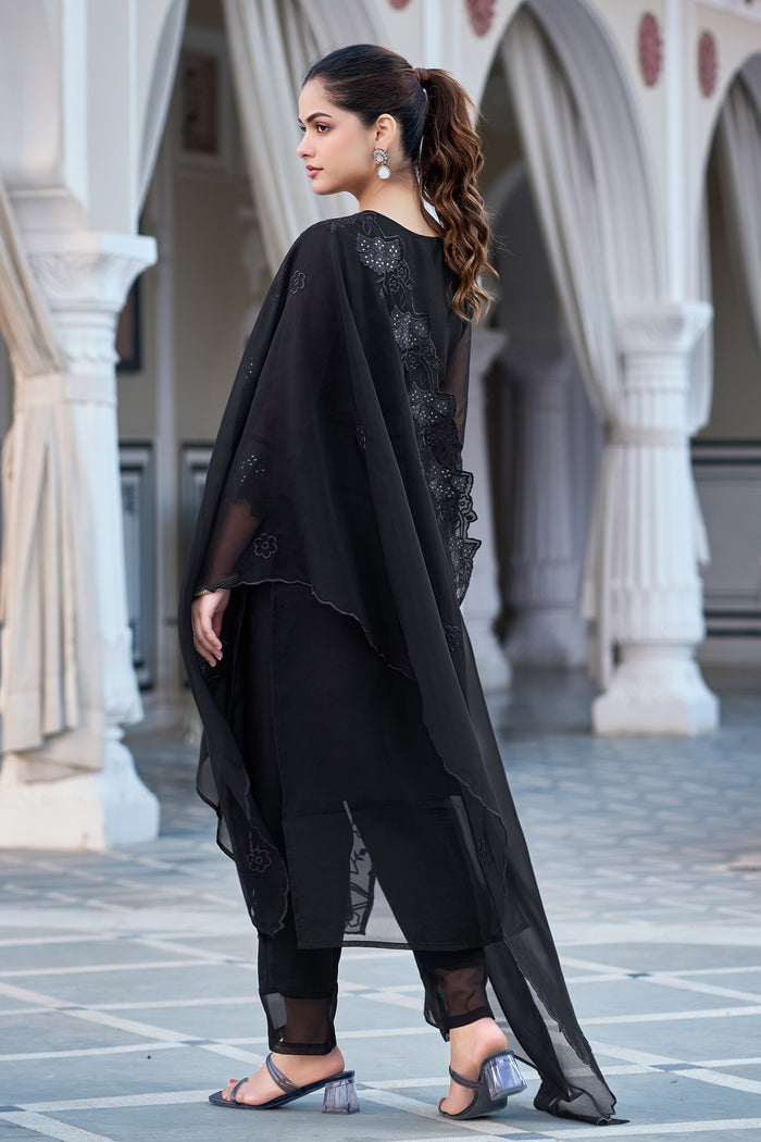 Black Embroidered Straight Kurta Pant Dupatta Set | Elegant Ethnic Wear