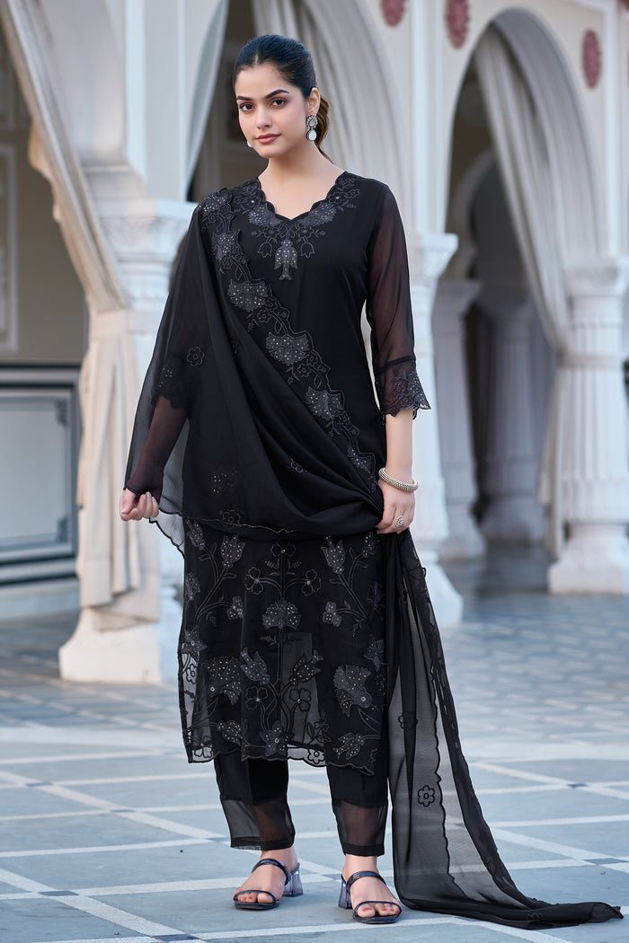 Black Embroidered Straight Kurta Pant Dupatta Set | Elegant Ethnic Wear