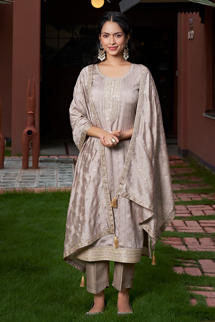 Elegant Beige Embroidered Kurta Pant Dupatta Set for Women