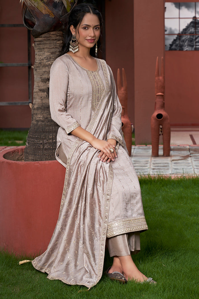 Elegant Beige Embroidered Kurta Pant Dupatta Set for Women