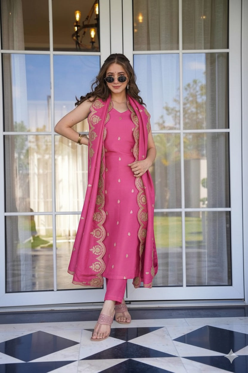 Women’s Embroidered Kurta Pant Dupatta Set | Elegant 3 Piece Ethnic Suit