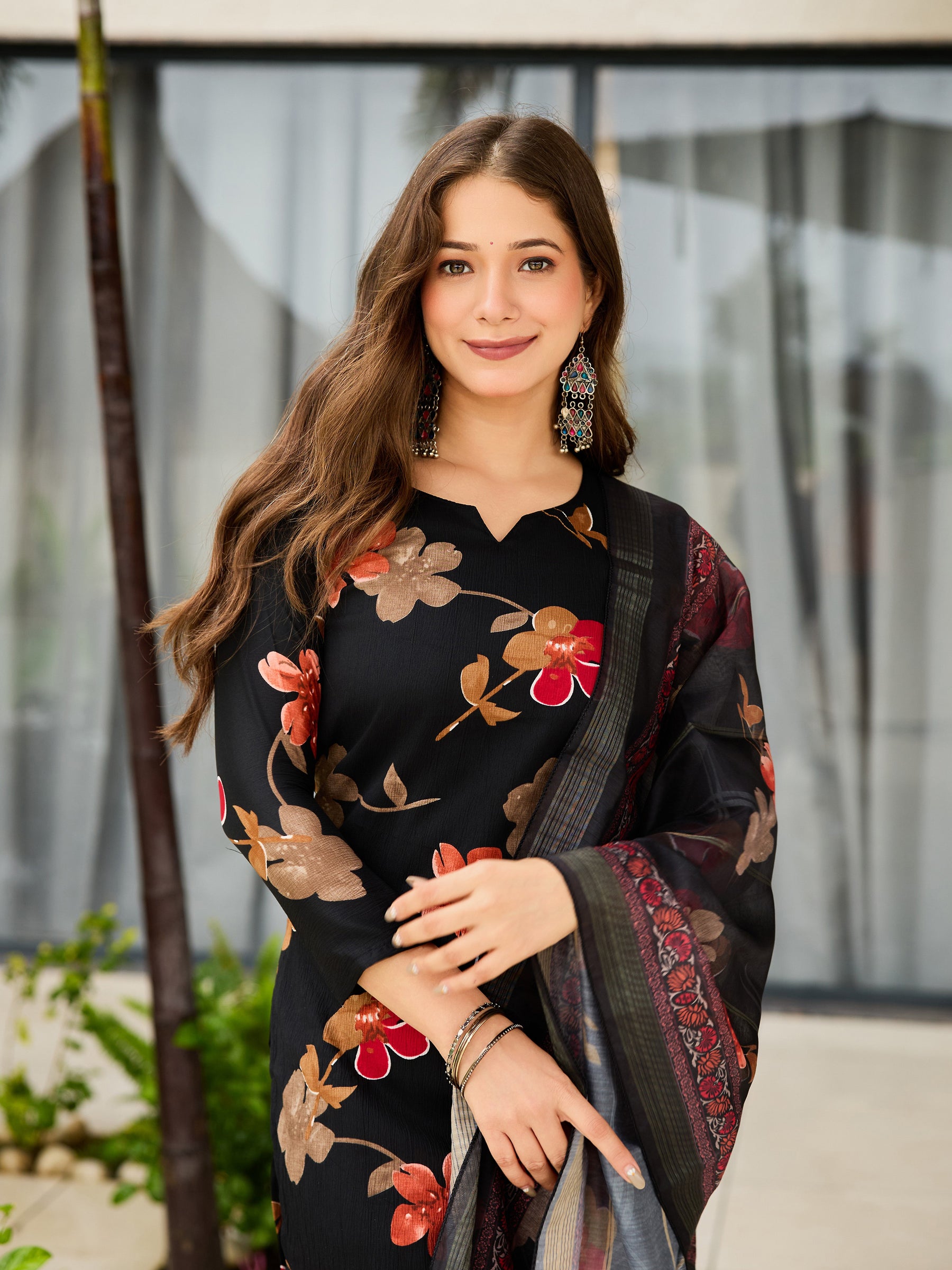 Black Floral Printed Straight Kurta Pant & Dupatta Set for Women