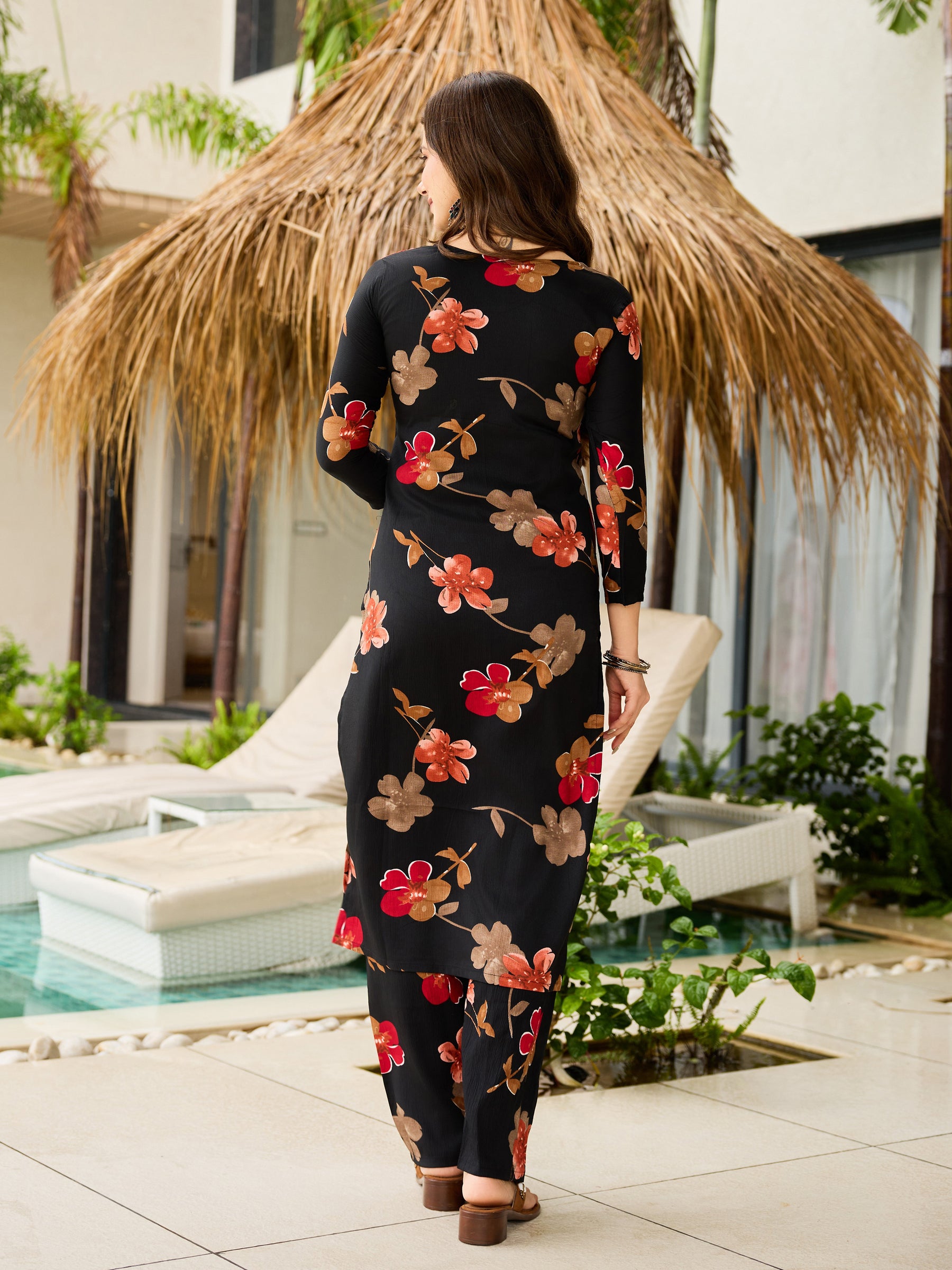 Black Floral Printed Straight Kurta Pant & Dupatta Set for Women
