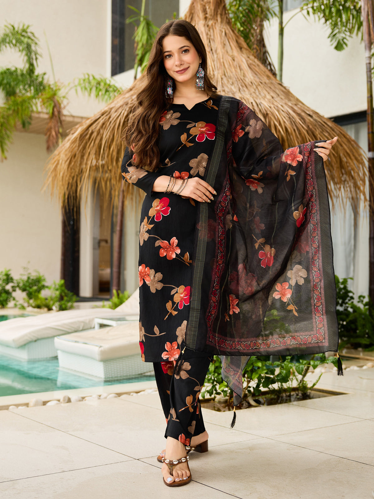 Black Floral Printed Straight Kurta Pant & Dupatta Set for Women