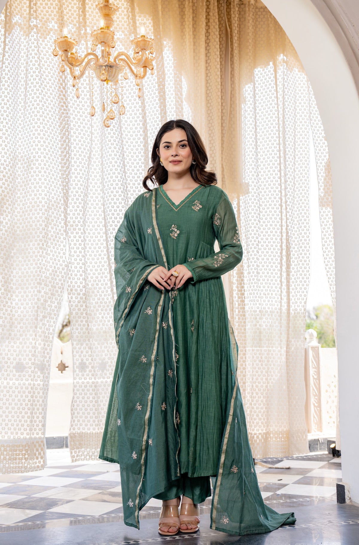 Women’s Dark Green Embroidered Anarkali Kurta Pant Set with Dupatta | MV-646-GRN