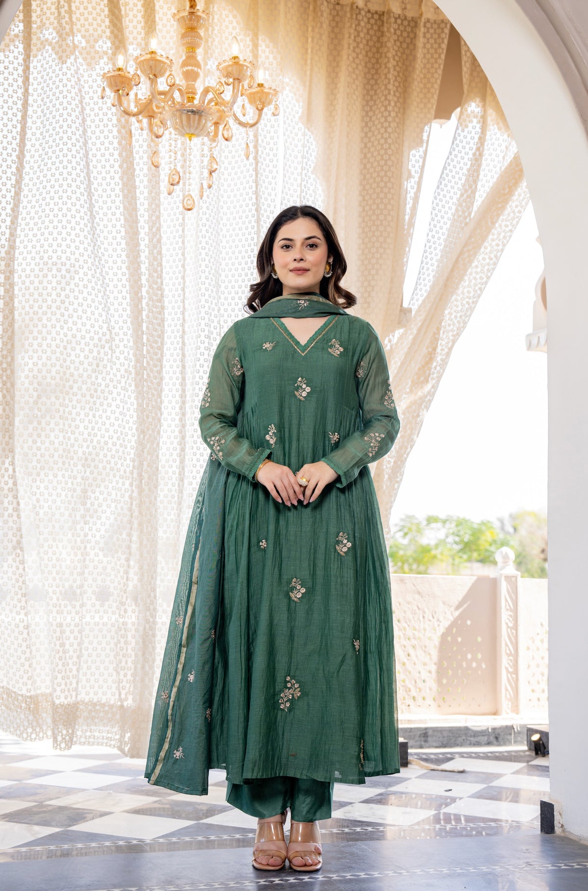 Women’s Dark Green Embroidered Anarkali Kurta Pant Set with Dupatta | MV-646-GRN