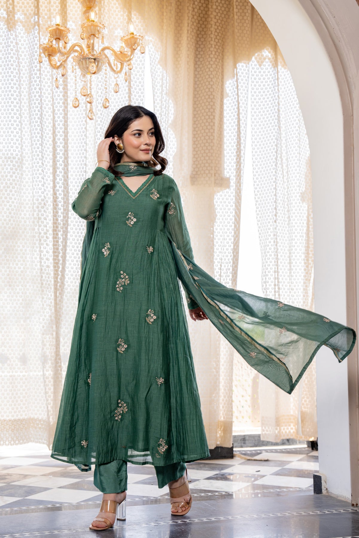 Women’s Dark Green Embroidered Anarkali Kurta Pant Set with Dupatta | MV-646-GRN