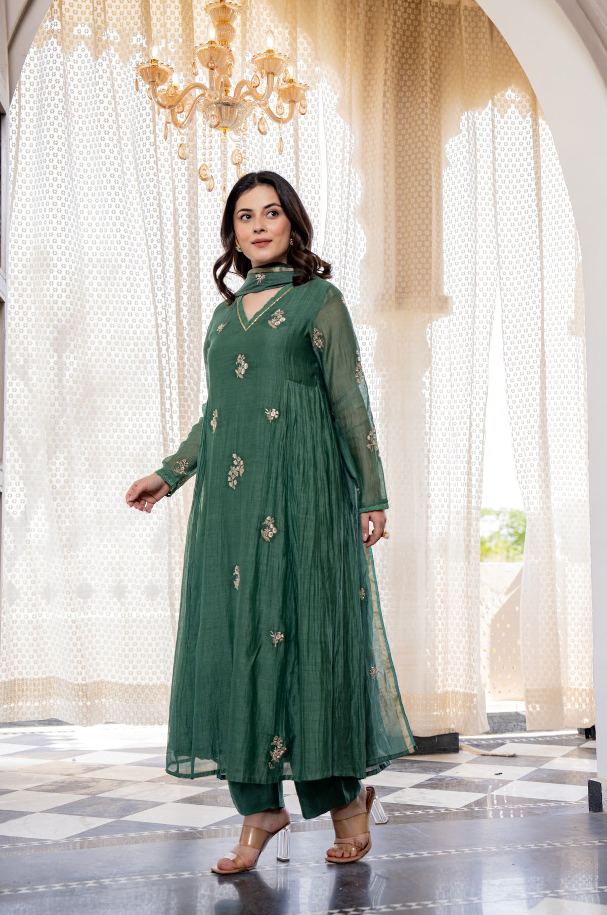 Women’s Dark Green Embroidered Anarkali Kurta Pant Set with Dupatta | MV-646-GRN