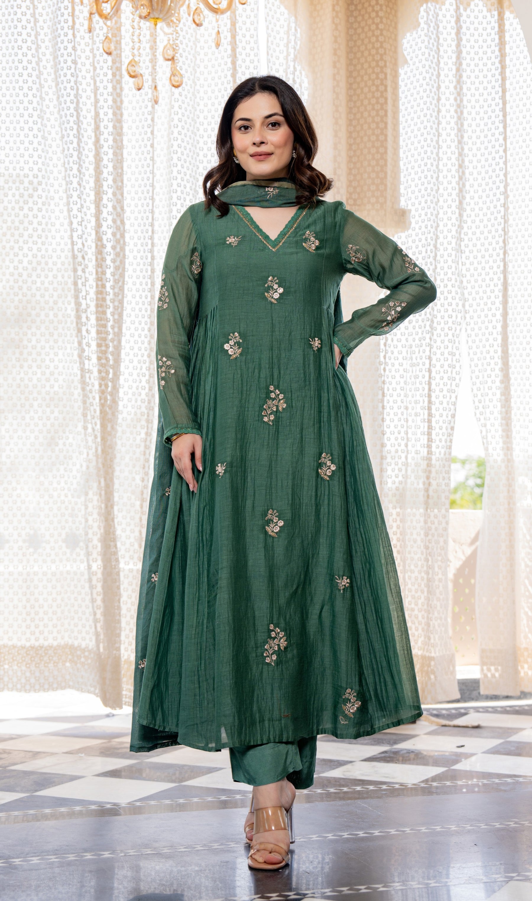 Women’s Dark Green Embroidered Anarkali Kurta Pant Set with Dupatta | MV-646-GRN