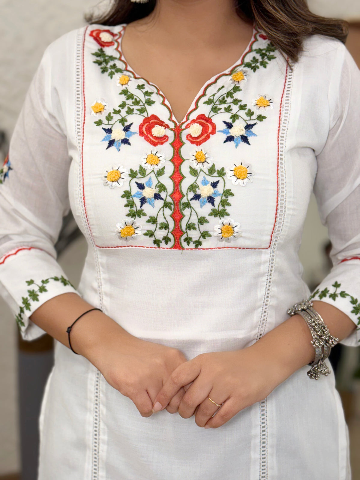 ILARAA Women's White Embroidered Cotton Kurta Pant Set | Khatli Hand Work | Premium Ethnic Wear