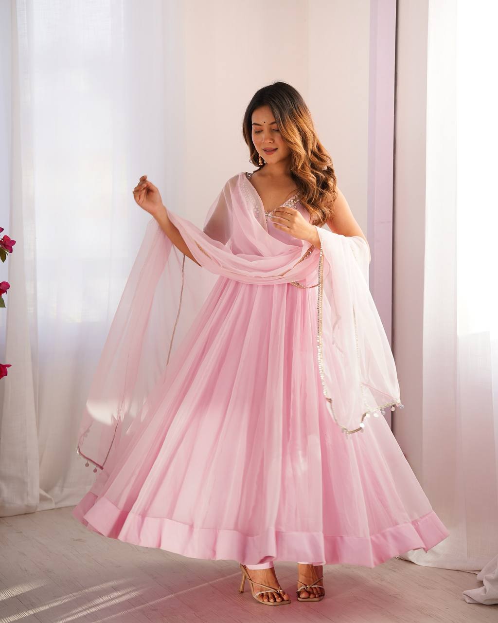Pink Embroidered Anarkali Gown with Dupatta | Elegant Festive Wear