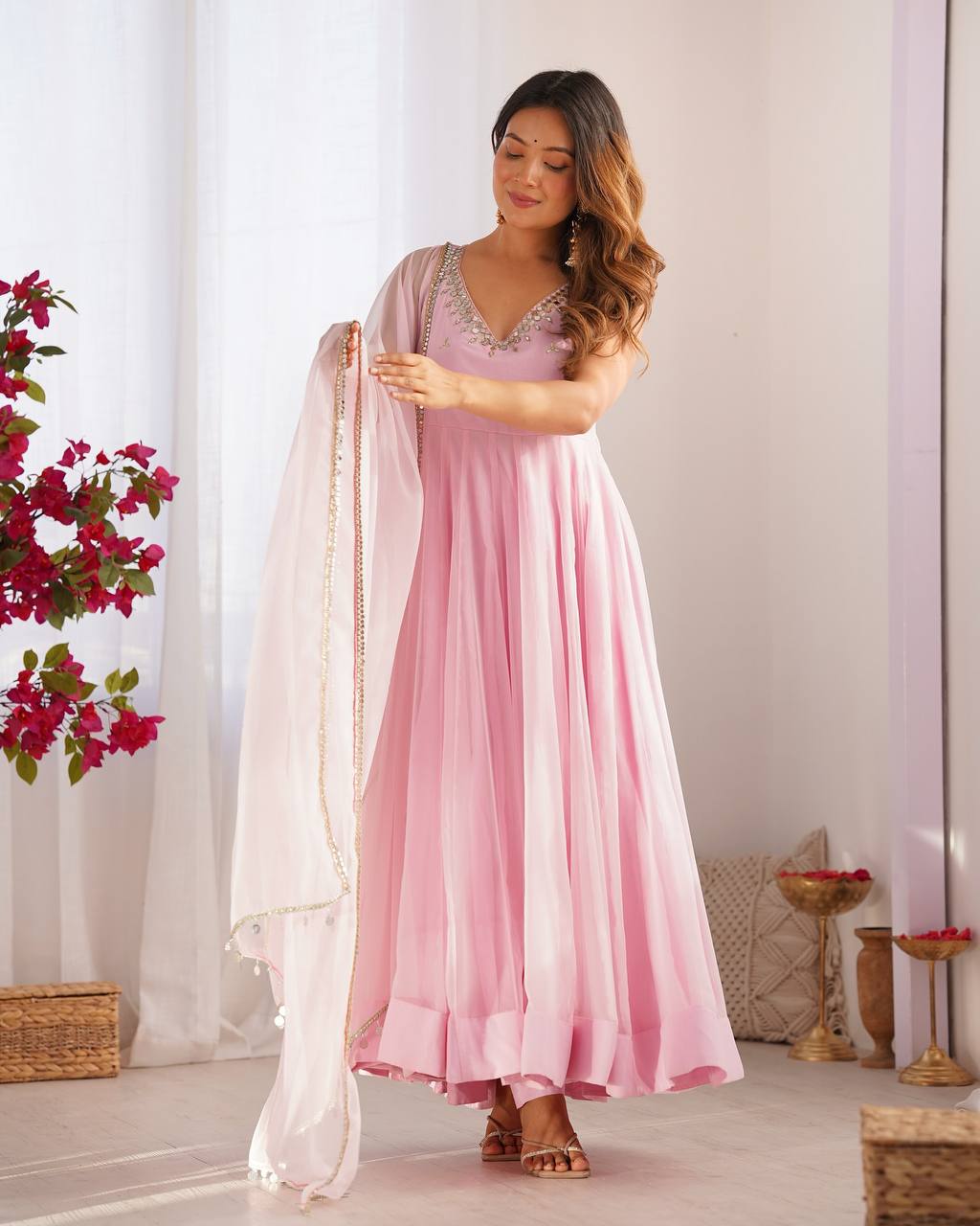 Pink Embroidered Anarkali Gown with Dupatta | Elegant Festive Wear