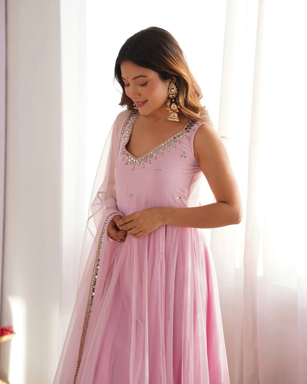 Pink Embroidered Anarkali Gown with Dupatta | Elegant Festive Wear