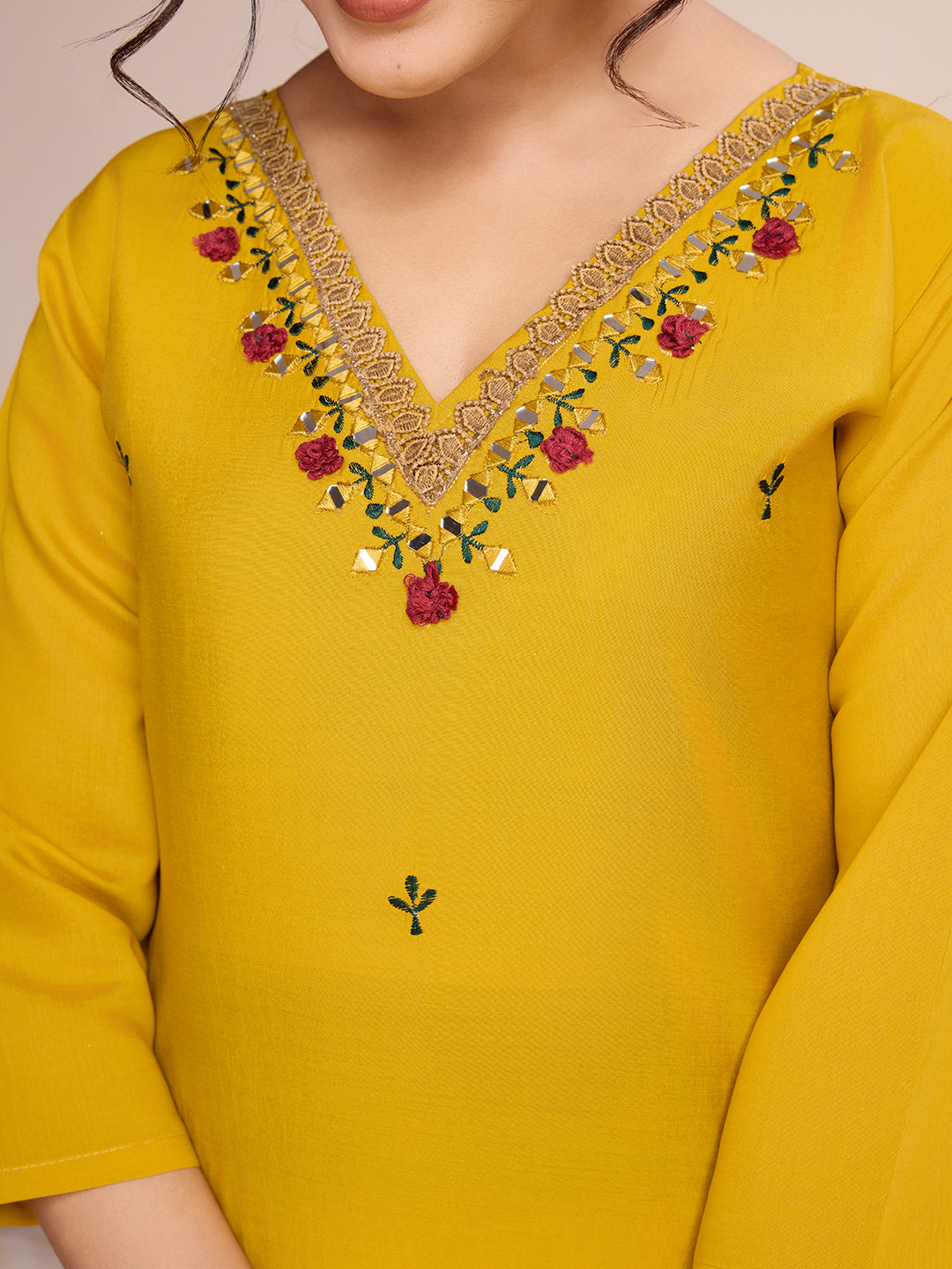 ILARAA Women's Mustard Yellow Embroidered Soft Rayon Slub Kurta Pant Set with Chanderi Cotton Dupatta | Premium Ethnic Wear