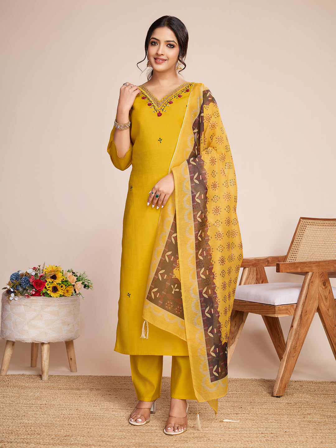 ILARAA Women's Mustard Yellow Embroidered Soft Rayon Slub Kurta Pant Set with Chanderi Cotton Dupatta | Premium Ethnic Wear