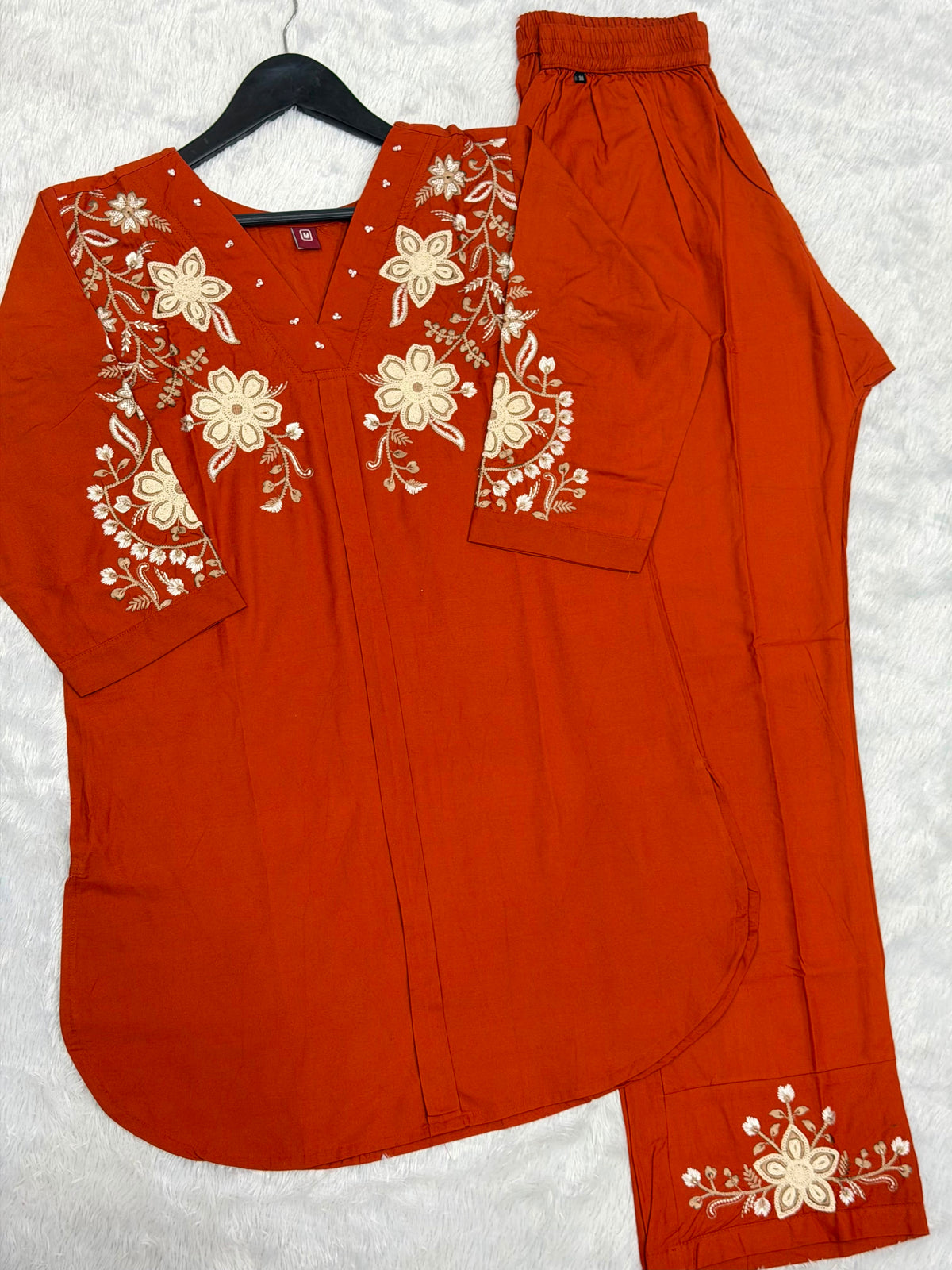 Floral Embroidered V-Neck Kurta Pant Co-Ord Set for Women