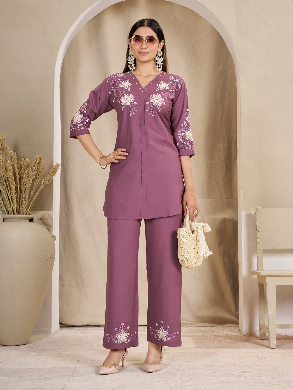 Floral Embroidered V-Neck Kurta Pant Co-Ord Set for Women