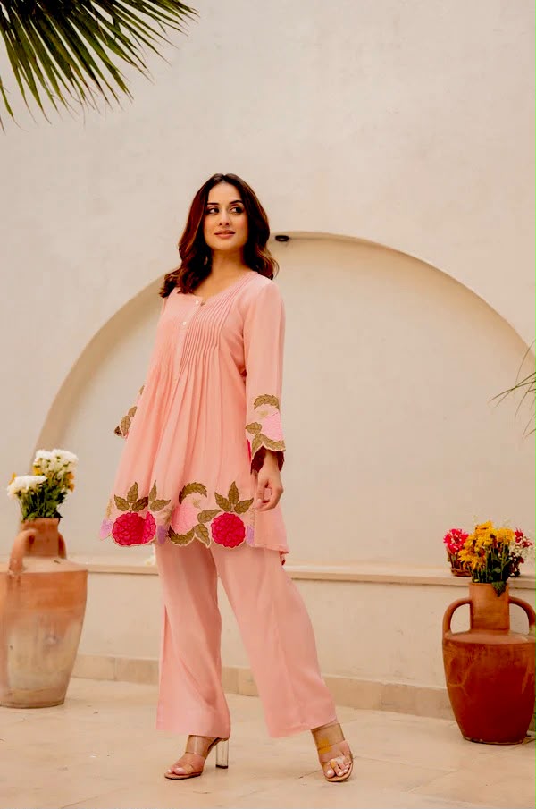 Premium Pink Floral Embroidered Kurta Palazzo Set for Women