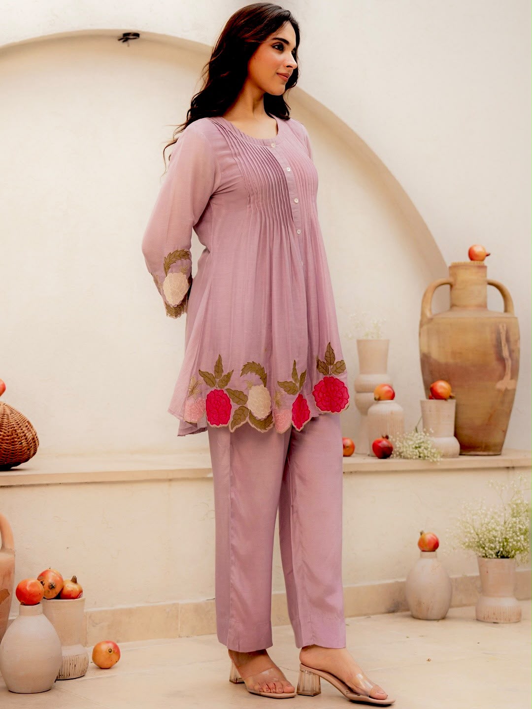 Premium Pink Floral Embroidered Kurta Palazzo Set for Women