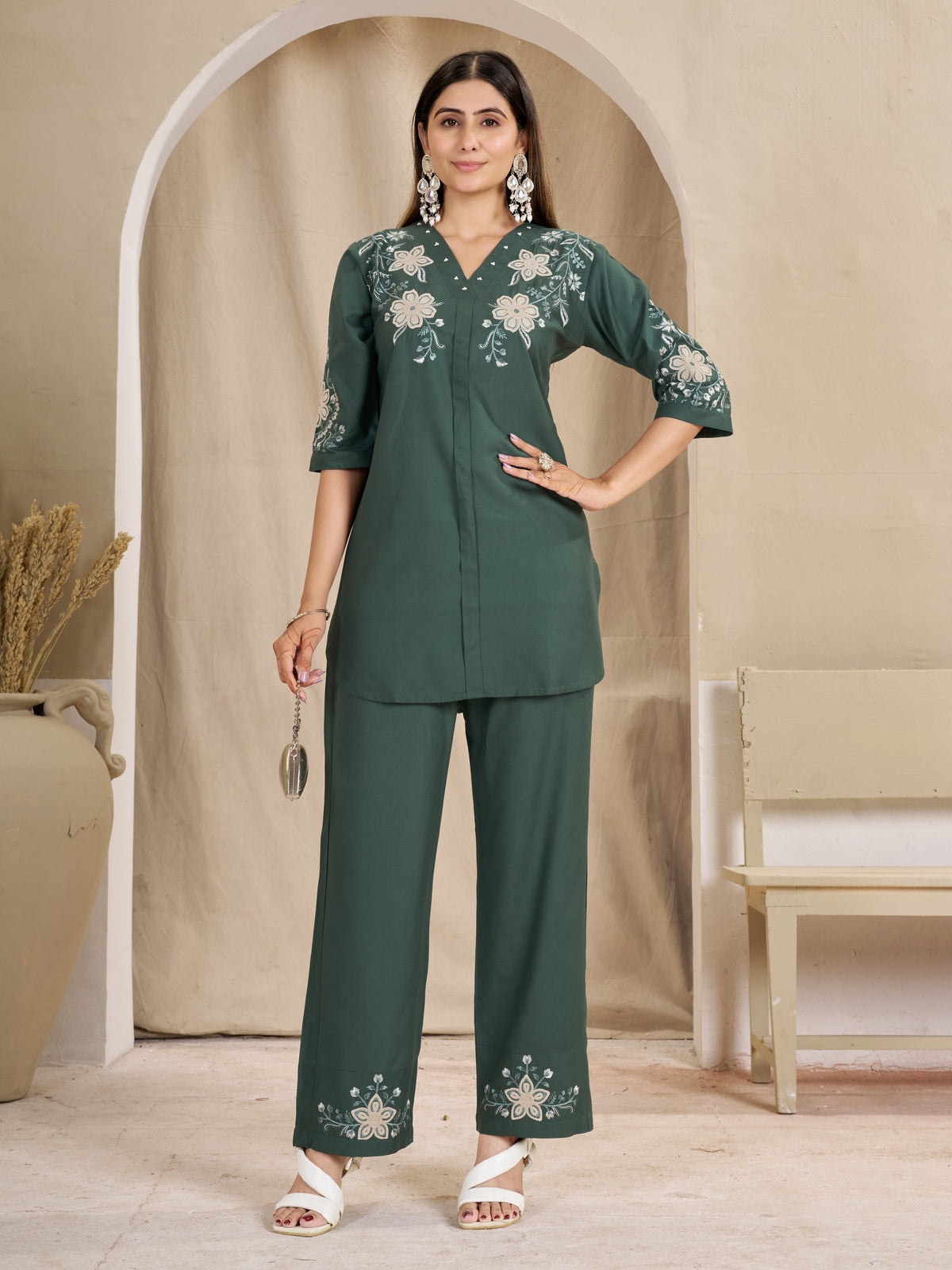 Floral Embroidered V-Neck Kurta Pant Co-Ord Set for Women