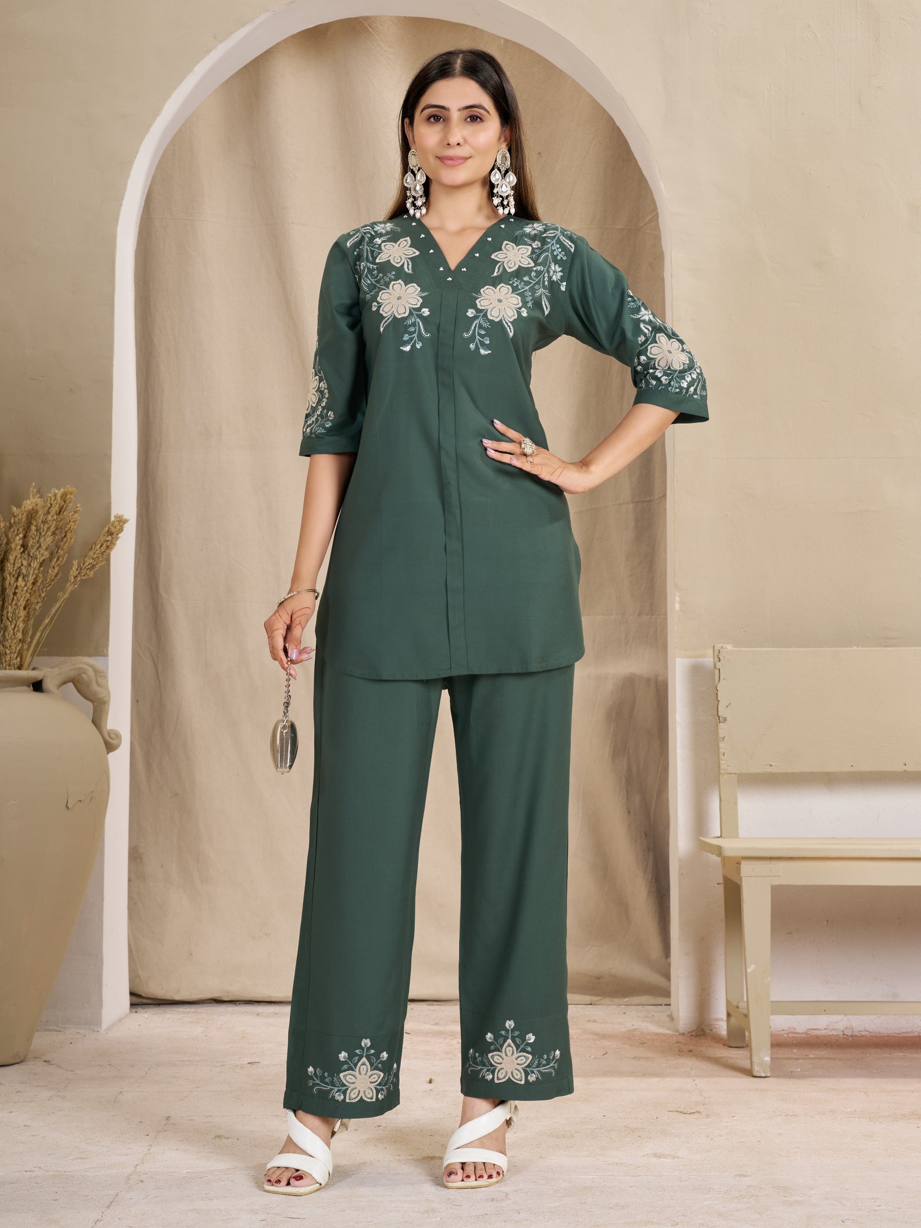 Floral Embroidered V-Neck Kurta Pant Co-Ord Set for Women