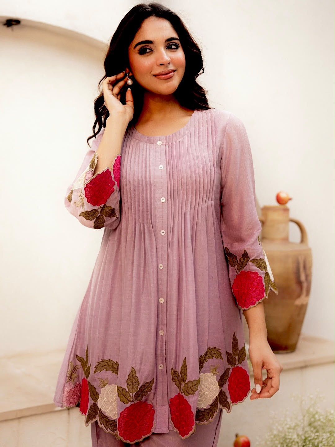 Premium Pink Floral Embroidered Kurta Palazzo Set for Women