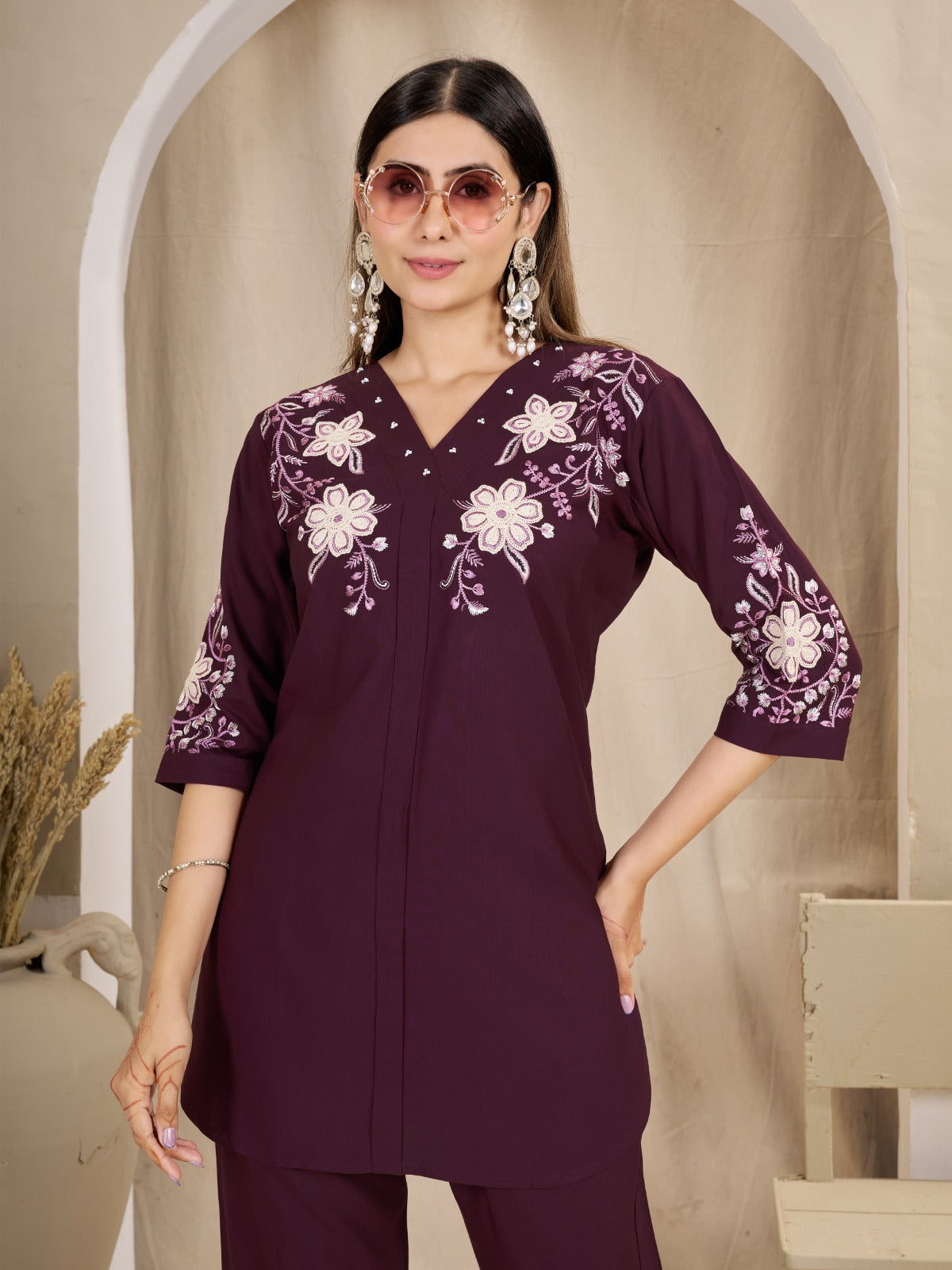Floral Embroidered V-Neck Kurta Pant Co-Ord Set for Women