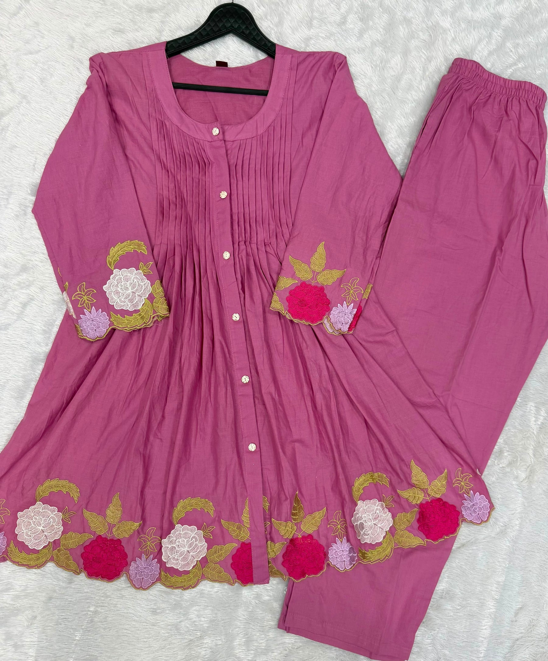 Premium Pink Floral Embroidered Kurta Palazzo Set for Women
