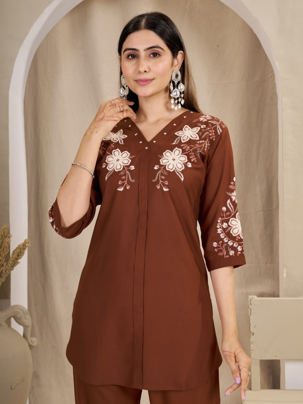 Floral Embroidered V-Neck Kurta Pant Co-Ord Set for Women