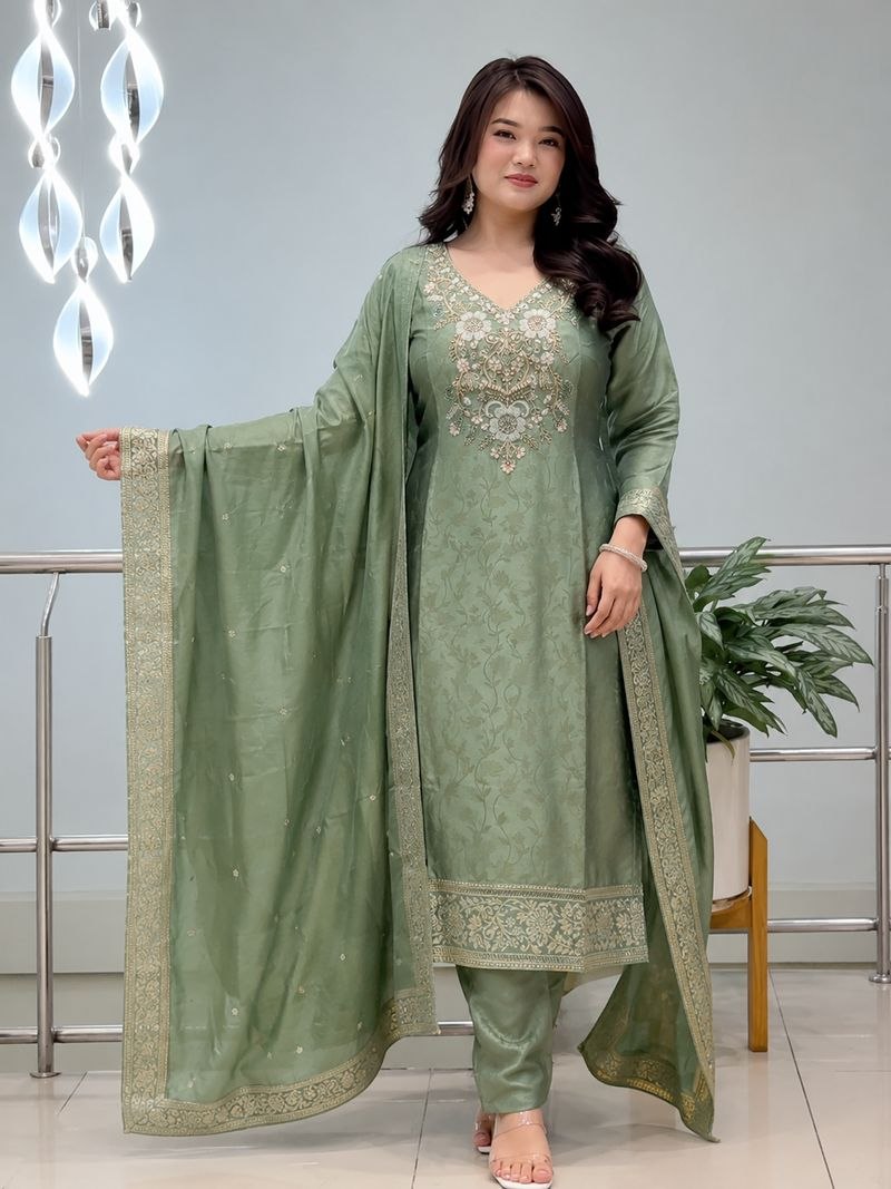 Designer Green Embroidered Silk Suit Set with Dupatta | 3 Piece Ethnic Wear