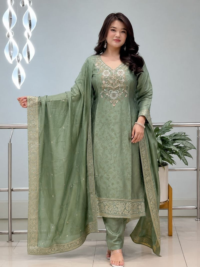 Designer Green Embroidered Silk Suit Set with Dupatta | 3 Piece Ethnic Wear