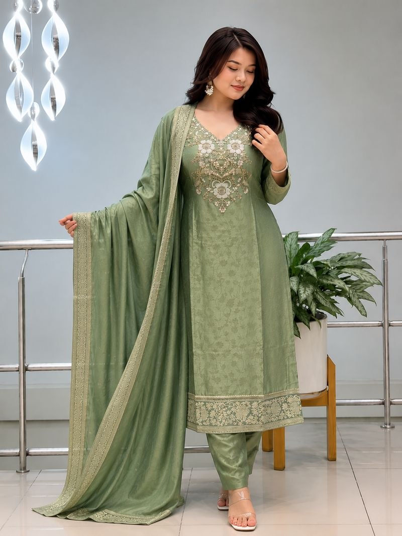 Designer Green Embroidered Silk Suit Set with Dupatta | 3 Piece Ethnic Wear