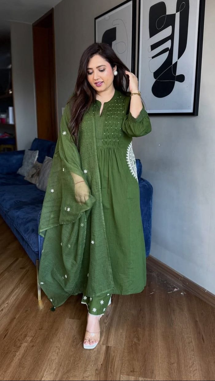 Designer Embroidered Cotton-Style Anarkali Kurta Pant Dupatta 3 Piece Suit Set