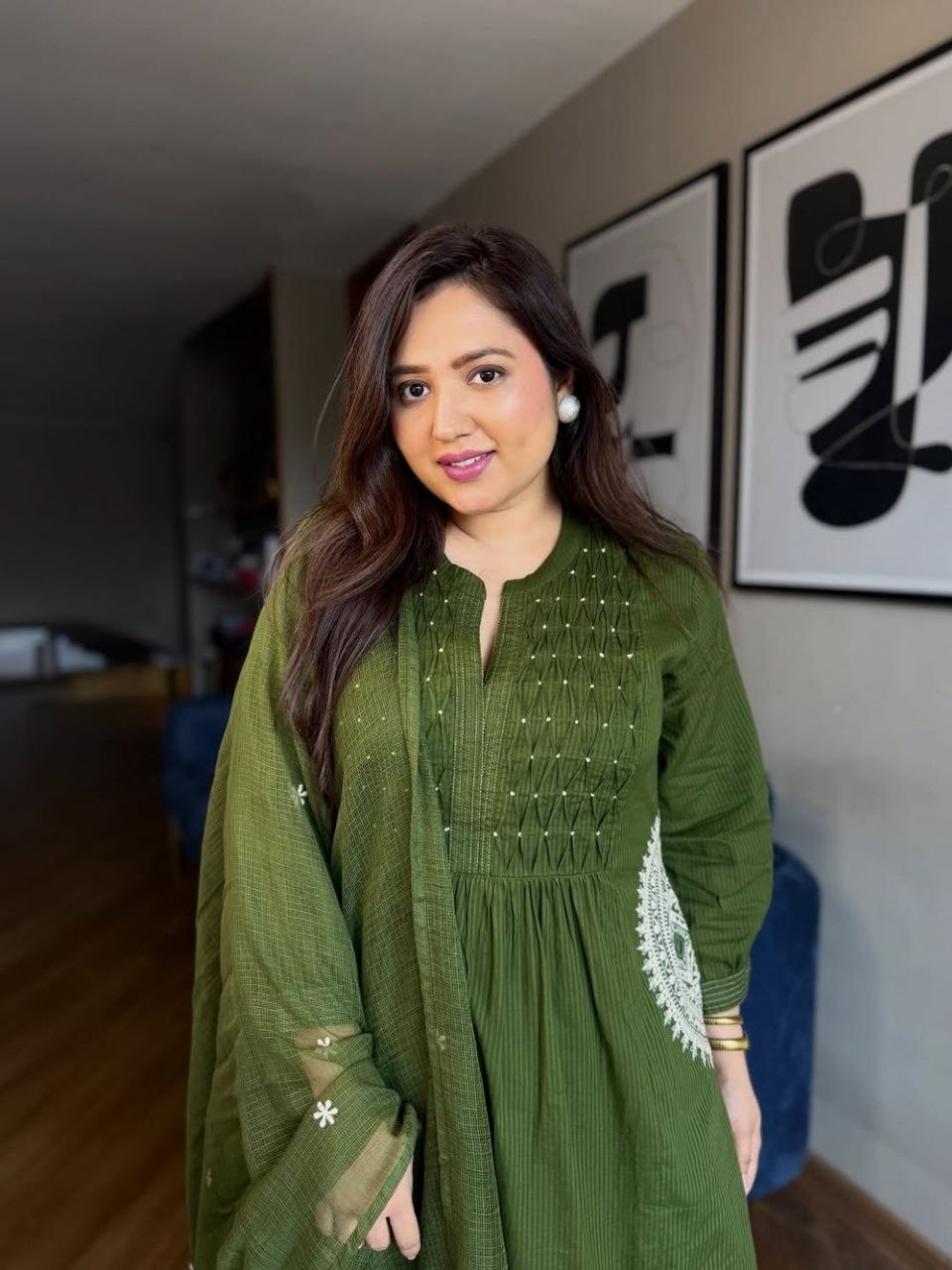 Designer Embroidered Cotton-Style Anarkali Kurta Pant Dupatta 3 Piece Suit Set