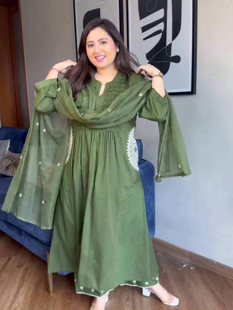 Designer Embroidered Cotton-Style Anarkali Kurta Pant Dupatta 3 Piece Suit Set