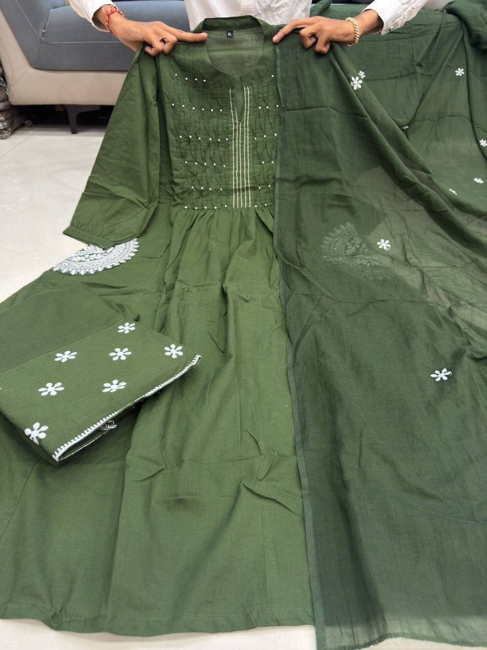 Designer Embroidered Cotton-Style Anarkali Kurta Pant Dupatta 3 Piece Suit Set