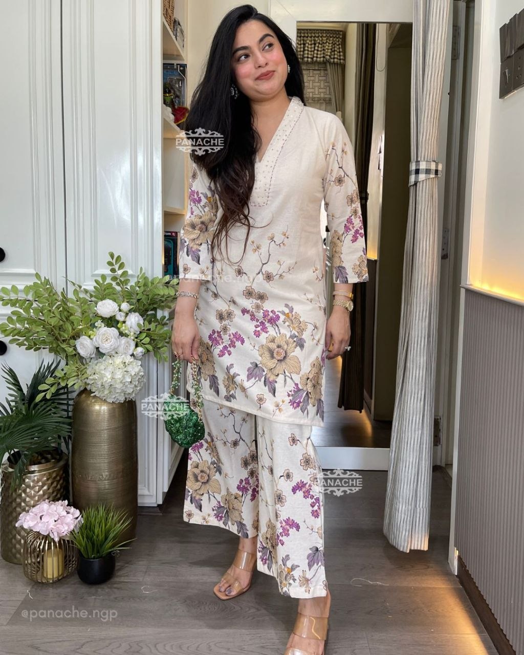 Floral Printed Kurta Palazzo Set for Women – Cream