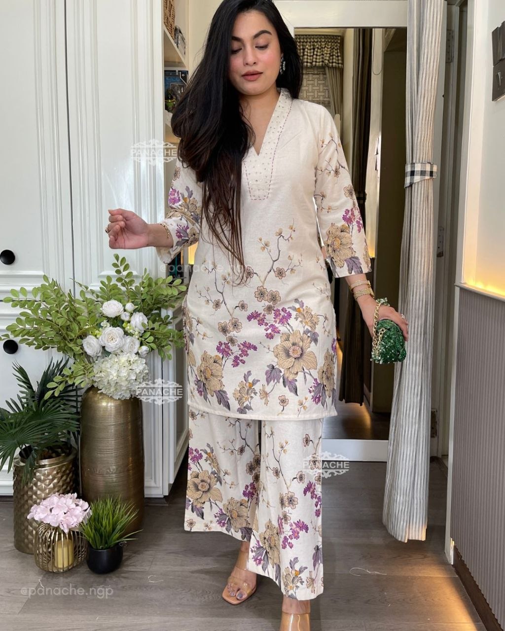 Floral Printed Kurta Palazzo Set for Women – Cream