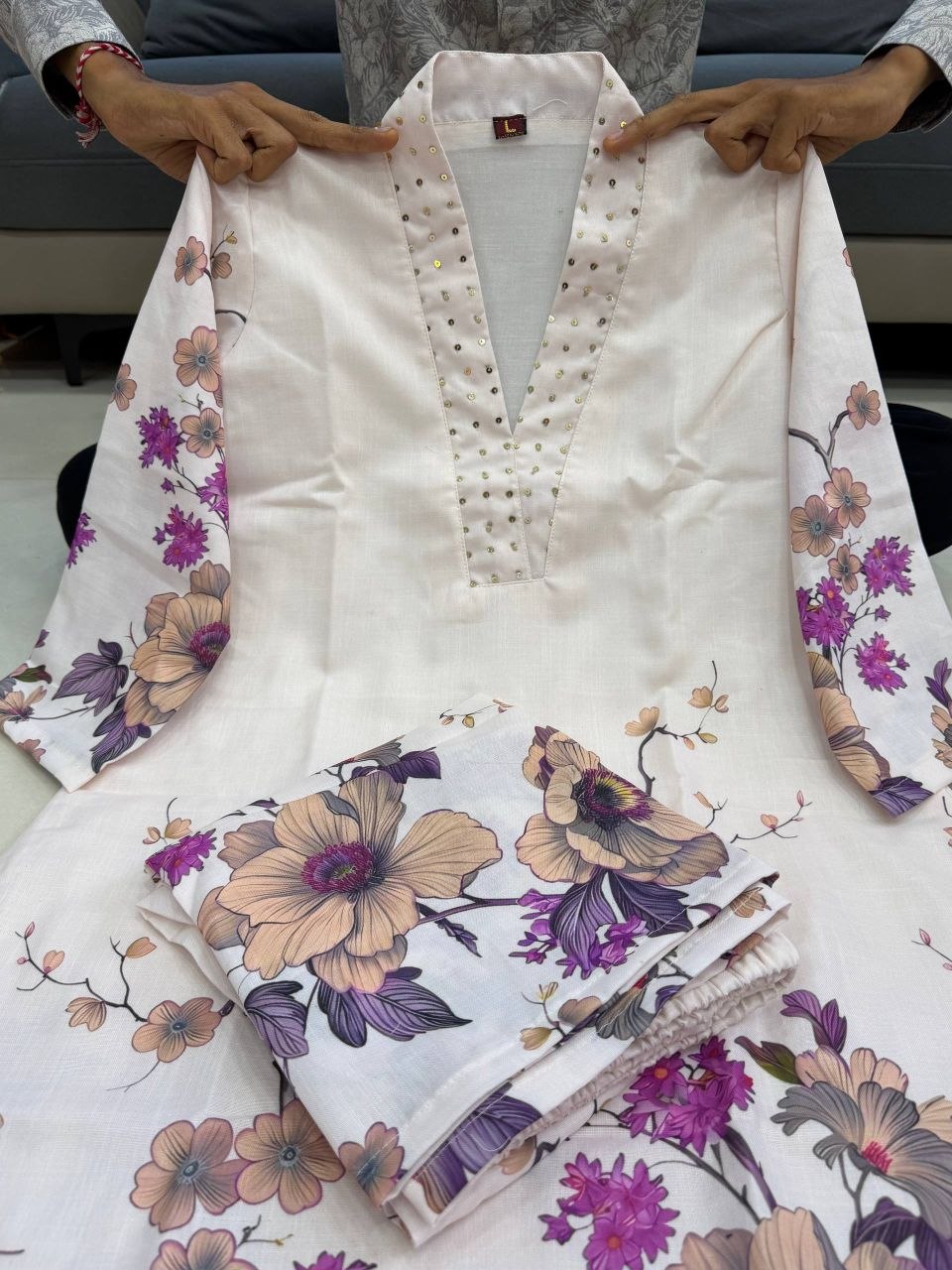Floral Printed Kurta Palazzo Set for Women – Cream