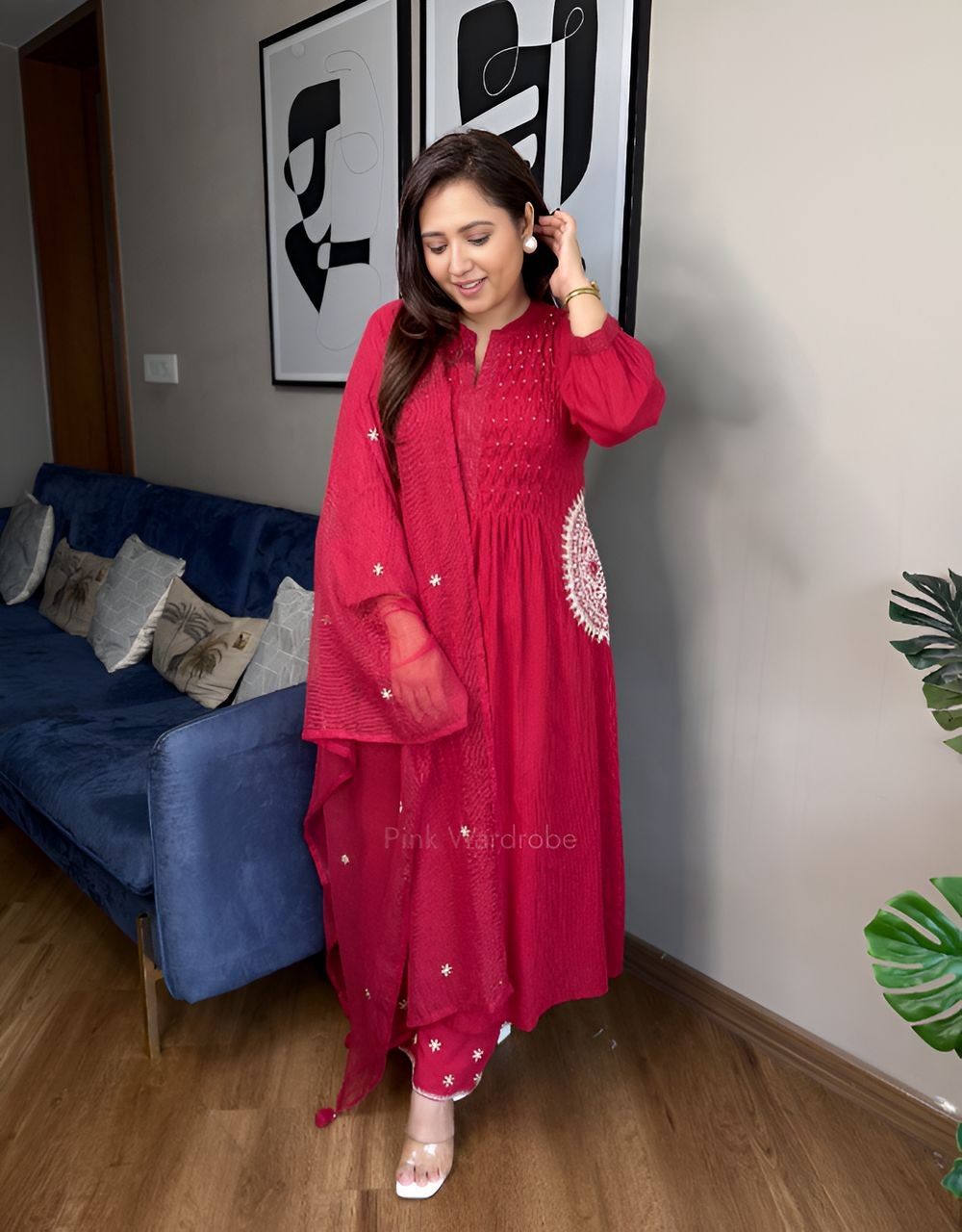Pure Cotton 60x60 printed women’s suit set with handwork neckline, hand Buti work, matching pant, dupatta and bracelet