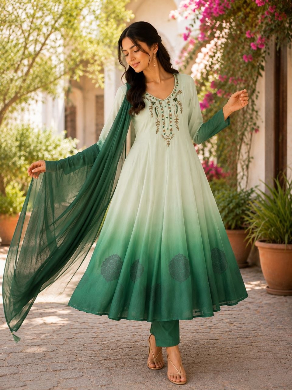 Designer Embroidered Ombre Anarkali Suit Set with Dupatta